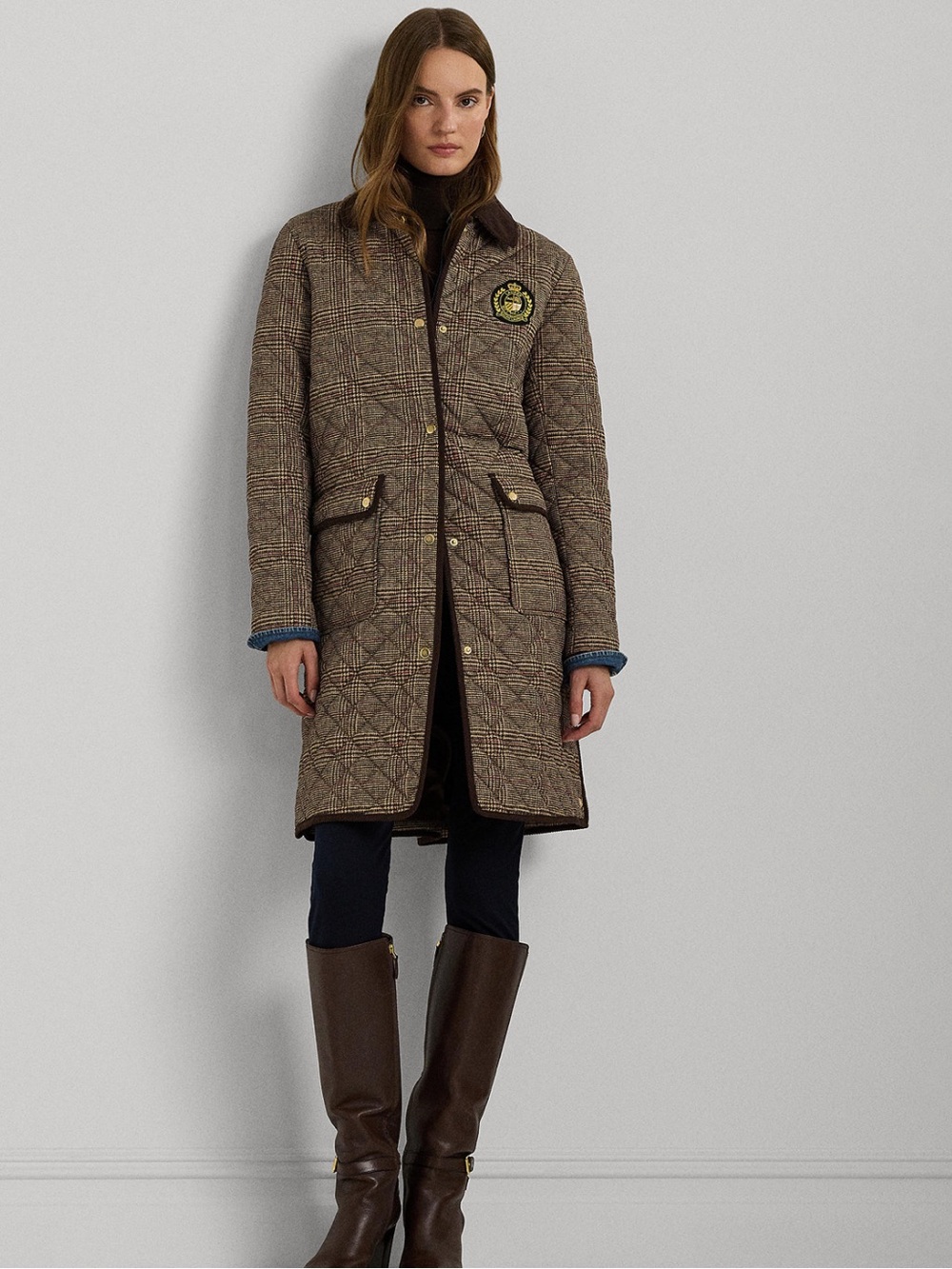 Ralph Lauren Black and Gold Crest Patch on Brown Plaid Jacket🤎